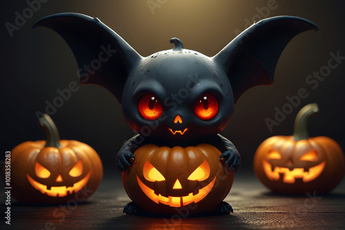 Cute little ghost bat, ghost pumpkin, Happy Halloween photo