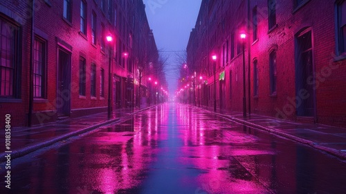 Neon glow illuminates a wet brick alleyway, reflecting in puddles on the asphalt after a light rain, creating a surreal, otherworldly atmosphere