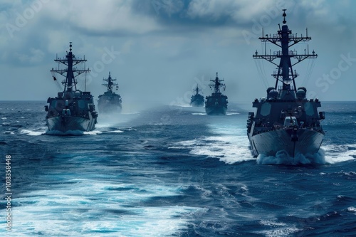 Military Ships at Sea: Navy Vessels in the Pacific as Part of a Carrier Strike Group.