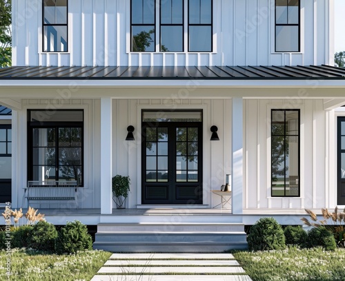 modern farmhouse front door with white vertical paneling and black trim, modern farmhouse style home exterior,