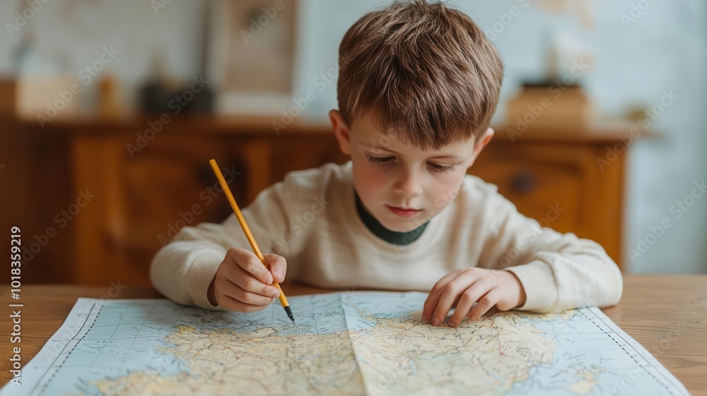 A boy drawing up battle plans on a map, imagining a career in the military or defense future military strategist, service career A boy drawing up battle plans on a map, imagining a career in the military or defense future military strategist, service career