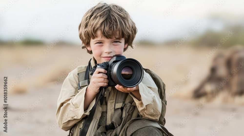 Obraz premium A boy dressed in safari gear, holding a camera and dreaming of becoming a wildlife filmmaker future wildlife filmmaker, nature storytelling