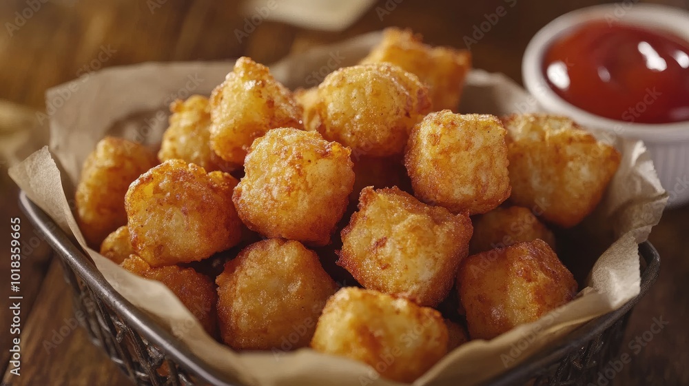 A basket of crispy tater tots with a golden-brown exterior, served with ketchup and mustard for dipping A basket of crispy tater tots with a golden-brown exterior, served with ketchup and mustard for dipping