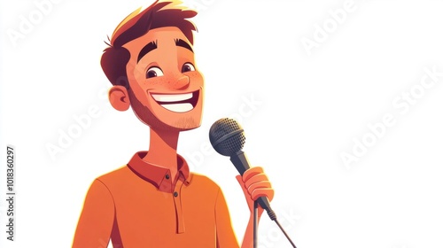 Happy cartoon voice actor speaking into a microphone with a big smile, isolated on white background photo