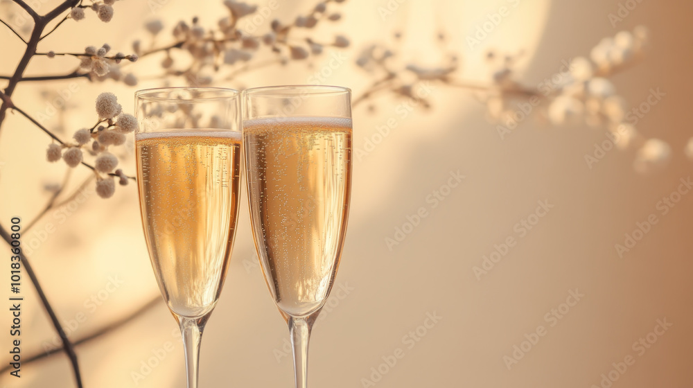 Champagne flutes with blossoming branch backdrop Champagne flutes with blossoming branch backdrop