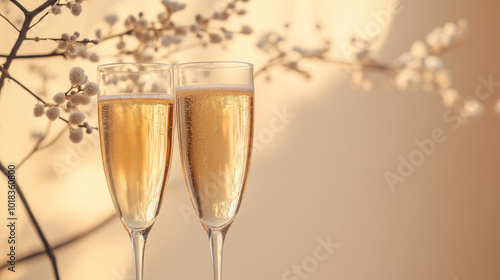 Champagne flutes with blossoming branch backdrop