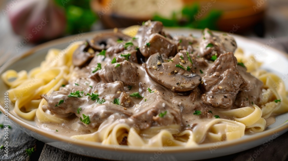 Delicious Beef Stroganoff with Pasta on a Clean Plate Delicious Beef Stroganoff with Pasta on a Clean Plate