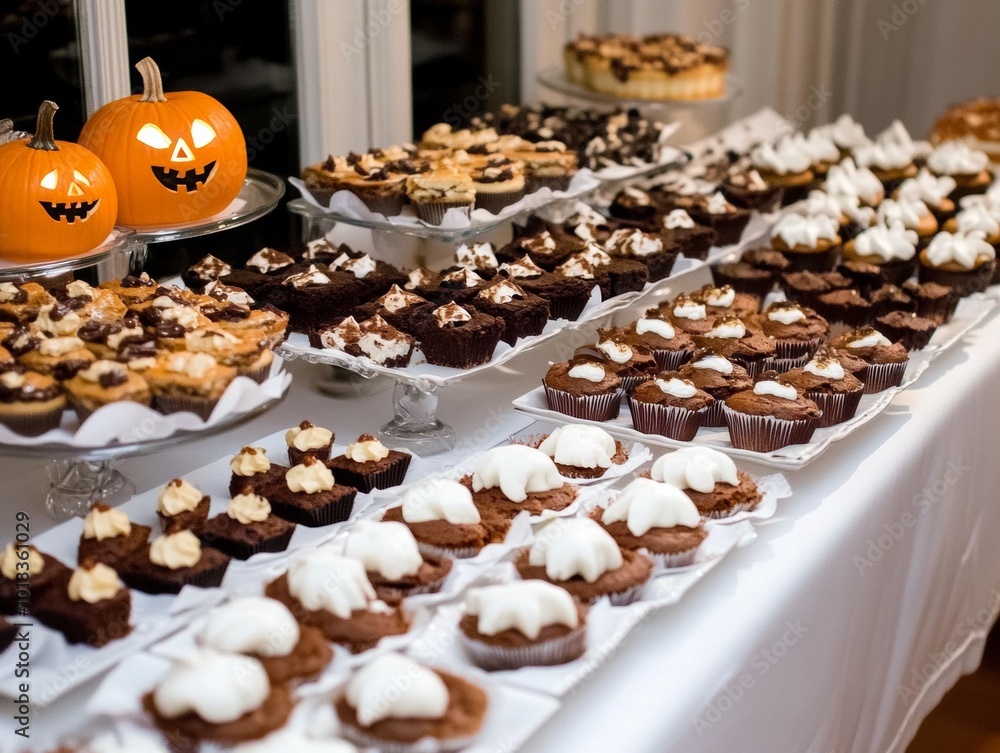 A Halloween dessert buffet with bat-shaped brownies ghost cupcakes A Halloween dessert buffet with bat-shaped brownies ghost cupcakes