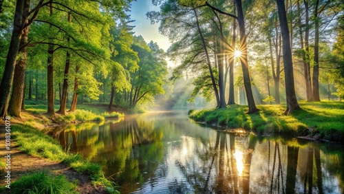 Nature landscape with sunlight through trees by calm river