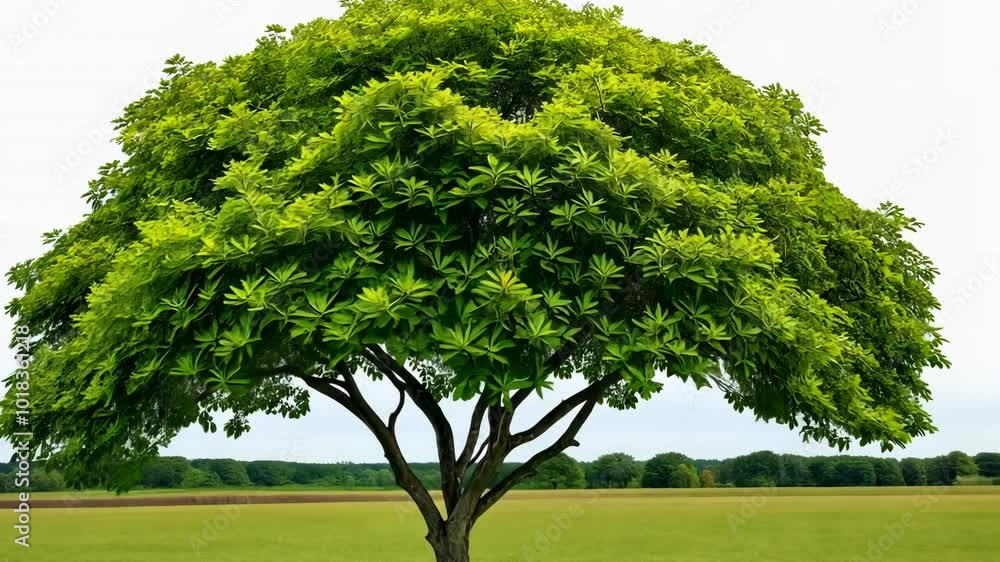 A large tree with green leaves is standing in a field. The tree is the main focus of the image, and it is a beautiful and peaceful scene. The grass around the tree is also green, adding to the natural