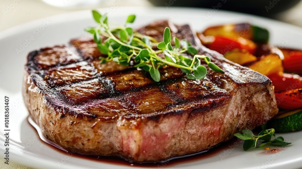 A beautifully grilled steak served on a plate with a garnish of microgreens and roasted vegetables on the side A beautifully grilled steak served on a plate with a garnish of microgreens and roasted vegetables on the side