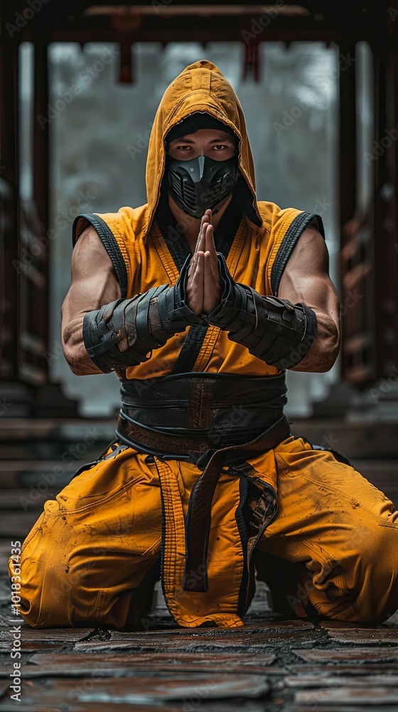 Fototapeta premium Masked Martial Artist Kneeling in Meditation
