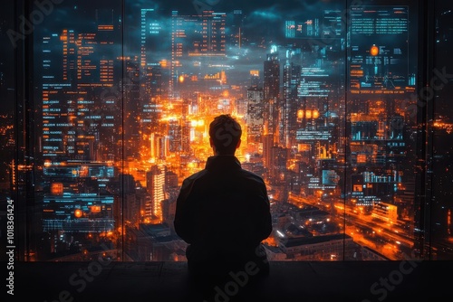 Wallpaper Mural holographic financial data streams surrounding a businessperson glowing charts and graphs futuristic office interior with panoramic city view Torontodigital.ca