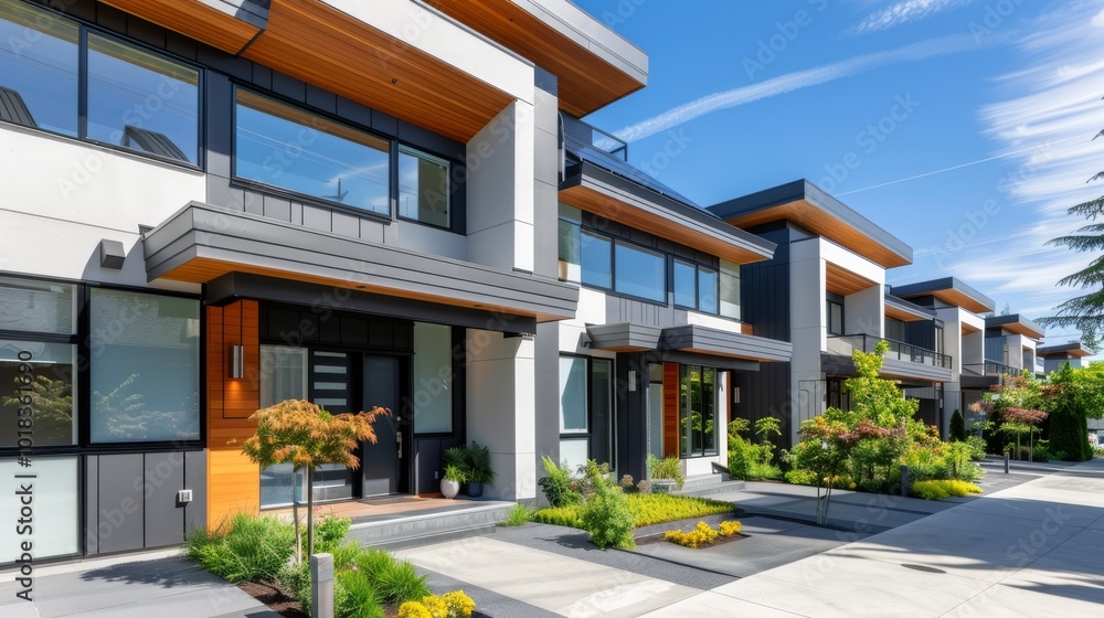 Fototapeta premium Modern Townhouses: A row of contemporary townhouses with gray roofs and white walls under bright sunlight