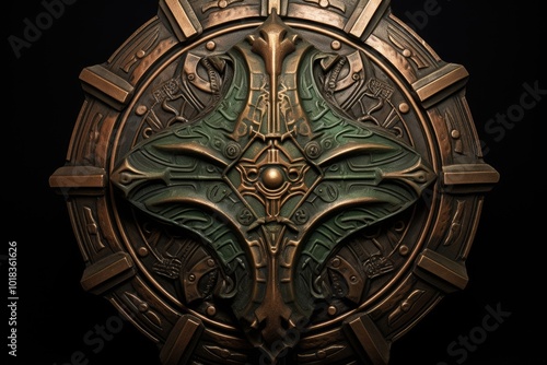 Intricate Shield Design with Green and Bronze Elements