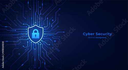Shield on circuit board. Secure system and network protection technology concept. Cyber security technology futuristic background. Vector illustration design for banner and template.