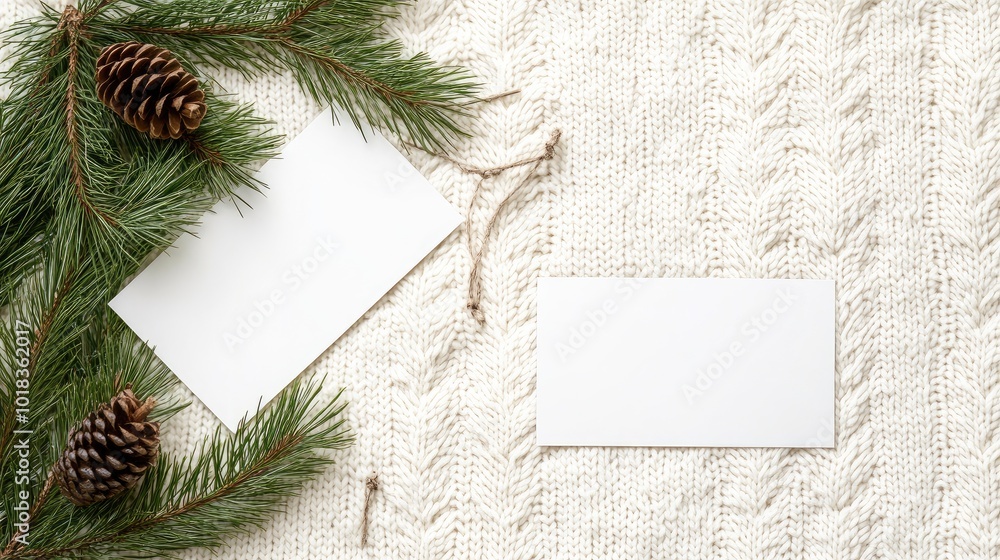 Two blank business cards rest on a knitted sweater adorned with pine branches and bright berries, creating a warm winter ambiance perfect for showcasing design Two blank business cards rest on a knitted sweater adorned with pine branches and bright berries, creating a warm winter ambiance perfect for showcasing design
