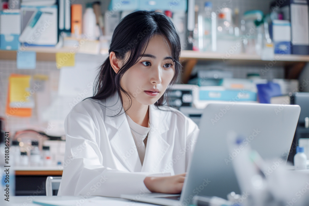 Focused Female Scientist Working on Laptop in a Busy Research Laboratory Focused Female Scientist Working on Laptop in a Busy Research Laboratory
