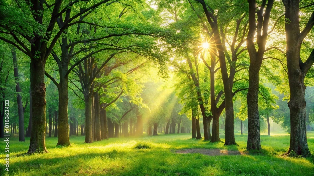 Nature trekking in a forest with green trees, soft sunlight, and shade from a high angle. Nature trekking in a forest with green trees, soft sunlight, and shade from a high angle.