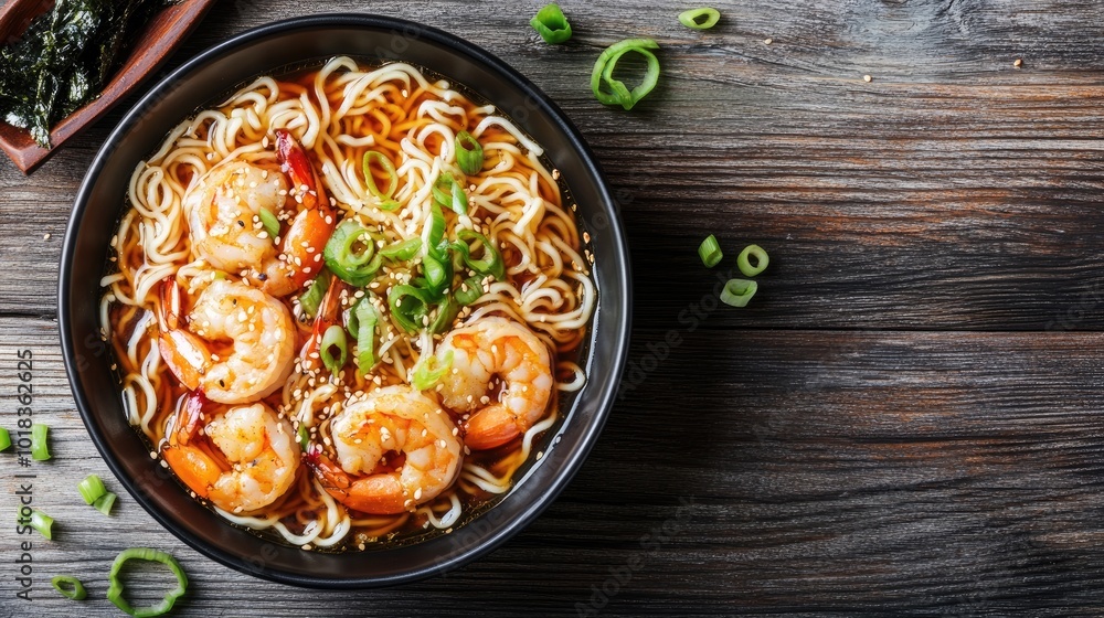 A bowl of ramen noodles with shrimp tempura, seaweed, and miso broth, garnished with scallions and sesame seeds, set against a rustic wooden background A bowl of ramen noodles with shrimp tempura, seaweed, and miso broth, garnished with scallions and sesame seeds, set against a rustic wooden background