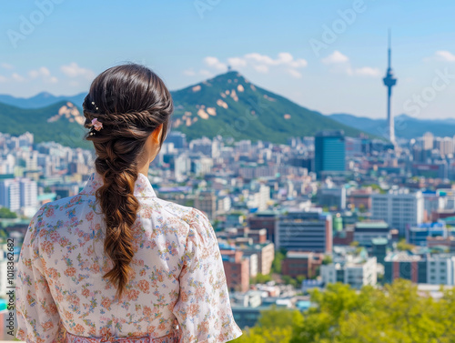 Seoul, South Korea. Gyeongbokgung Palace. Woman in hanbok, traditional Korean dress, costume and clothes. Travel tour and tourism at landmark and tourist attraction