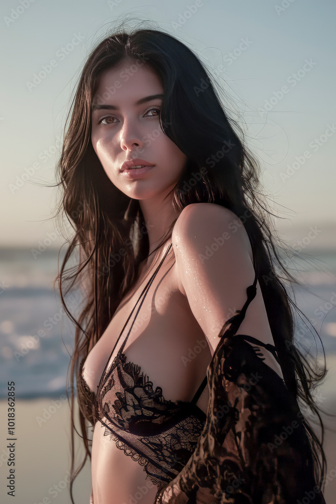 Woman in black lace beachwear with wet hair standing by the ocean at sunset Woman in black lace beachwear with wet hair standing by the ocean at sunset