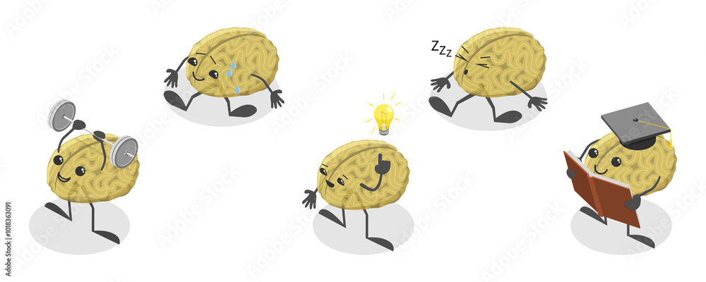 Fototapeta premium 3D Isometric Flat Illustration of Smart Healthy Human Brain, Psychological Mind Control
