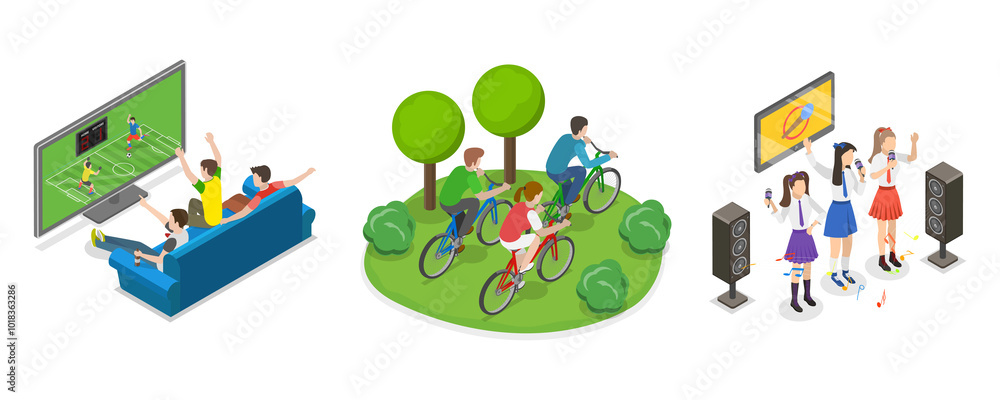 Fototapeta premium 3D Isometric Flat Illustration of Friends Time Together, Having Fun at Office Party