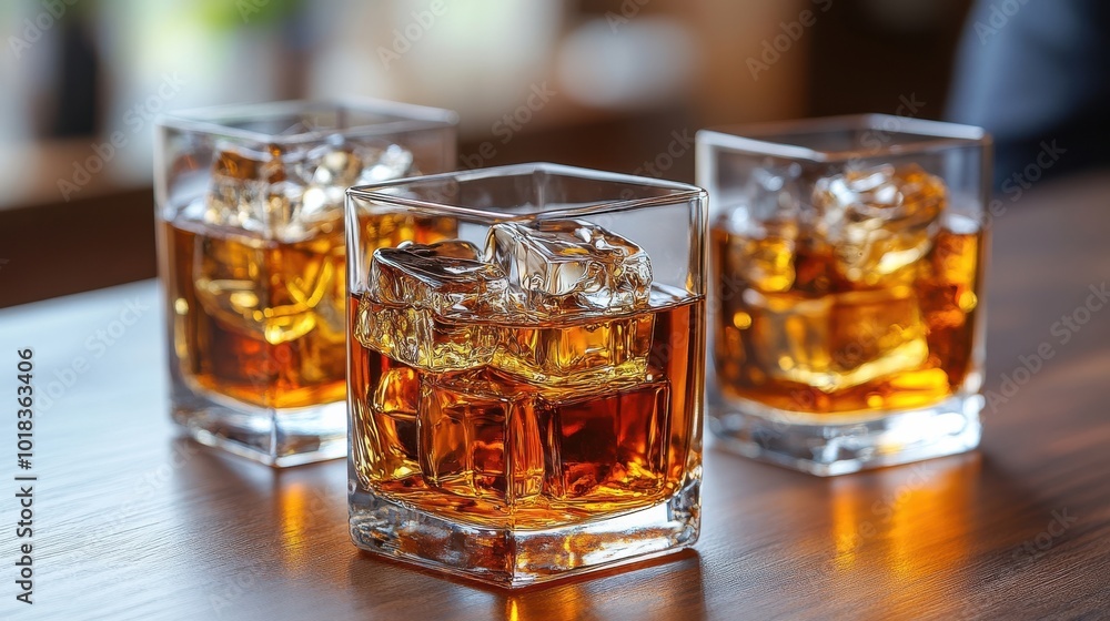 Three glasses of amber liquid filled with ice cubes, sitting on a wooden surface, catching the light Three glasses of amber liquid filled with ice cubes, sitting on a wooden surface, catching the light
