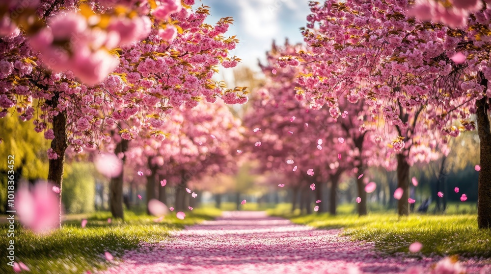 Naklejka premium A breathtaking view of sakura trees in full bloom with pink petals falling gently, set against a clear blue sky in a tranquil park during springtime