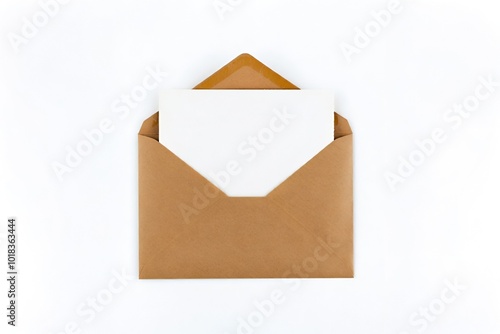 Kraft paper envelope with a blank white letter emerging, isolated on white background.