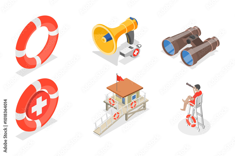 3D Isometric Flat Set of Beach Lifeguard Equipment Elements, Water Rescue 3D Isometric Flat Set of Beach Lifeguard Equipment Elements, Water Rescue
