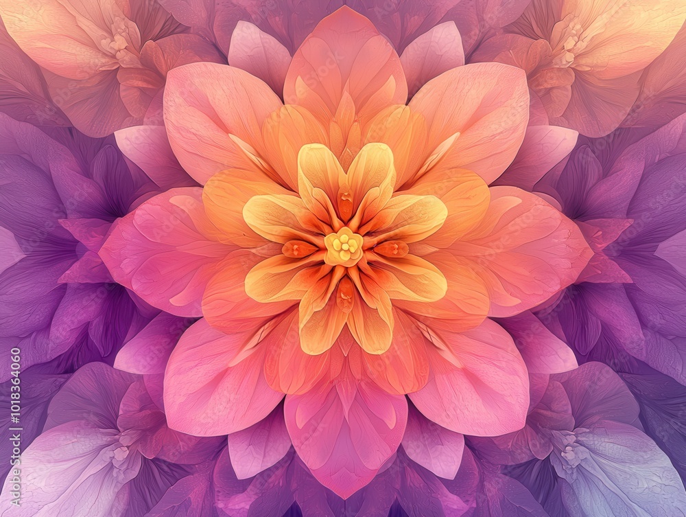 Vibrant Abstract Floral Mandala with Symmetrical Petals in Warm Tones of Orange, Pink, and Purple for Meditation and Relaxation Vibrant Abstract Floral Mandala with Symmetrical Petals in Warm Tones of Orange, Pink, and Purple for Meditation and Relaxation