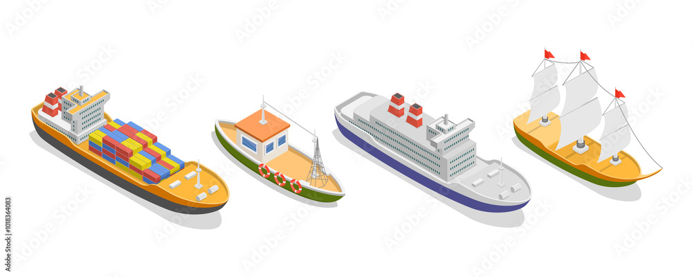 Fototapeta premium 3D Isometric Flat Set of Maritime Ships, Water Transportation Boats