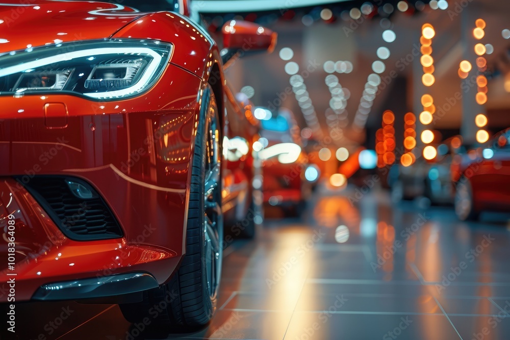 New cars display in luxury showroom with light bokeh in motor show event. New cars display in luxury showroom with light bokeh in motor show event.