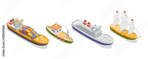 Fotografie 3D Isometric Flat  Set of Maritime Ships, Water Transportation Boats