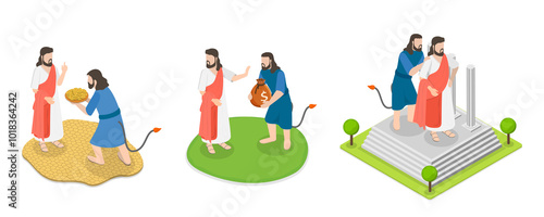 Tableau sur toile 3D Isometric Flat  Illustration of Christ Tempted by Devil, Biblical Scenes