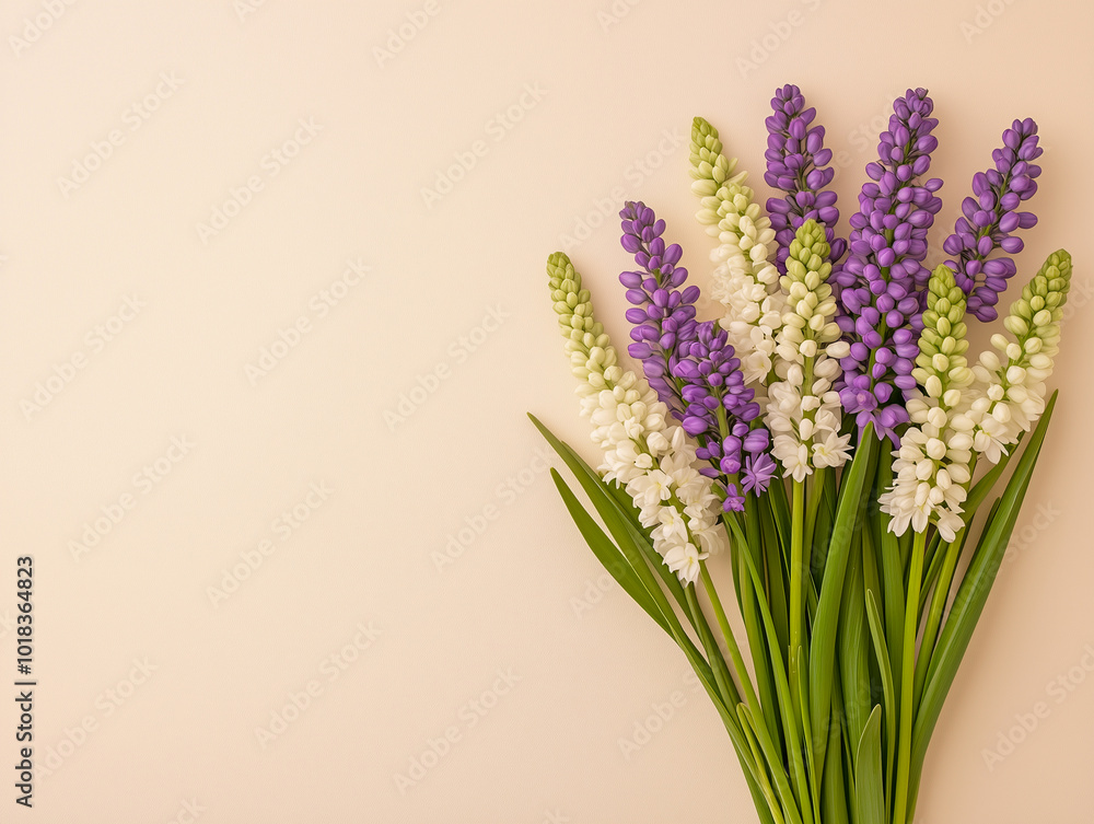 Obraz premium Spring floral pattern, Grape hyacinth Muscari flowers. Purple muscari bouquet. Minimal nature flowery still life, blooming plant on beige background. Spring seasonal styling, flat lay