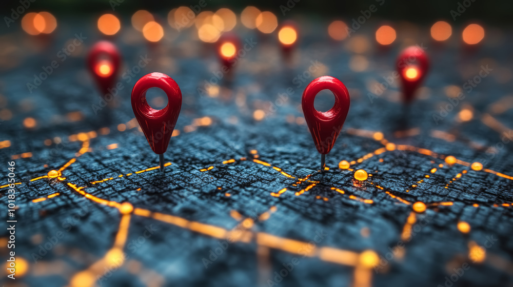 Glowing red pins on a city map indicating city routes and destinations. Concept of logistics, connection, navigation and travel.
Glowing red pins on a city map indicating city routes and destinations. Concept of logistics, connection, navigation and travel.