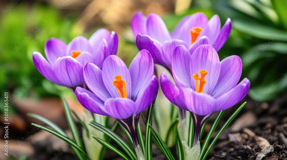 A close-up of a purple crocus flower in full bloom, with delicate petals and bright orange stamen, standing out against a blurred garden backdrop A close-up of a purple crocus flower in full bloom, with delicate petals and bright orange stamen, standing out against a blurred garden backdrop