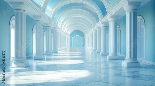 minimalist architectural background featuring airy white and soft blue tones with tilted columns creating a serene and elegant atmosphere ideal for showcasing modern design concepts