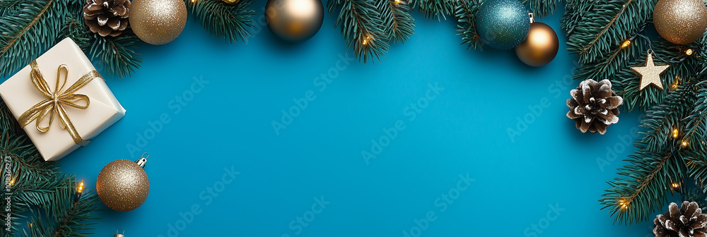 Christmas Frame with Blue and Gold Ornaments on Blue Background Christmas Frame with Blue and Gold Ornaments on Blue Background