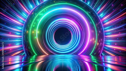 Neon abstract aerial toroid with purple green and blue lights