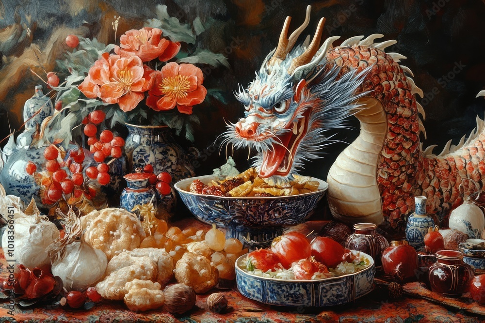 Fototapeta premium A dragon figurine on a table set with various Chinese dishes and fruits.