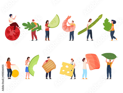 Creative representation of diverse food items being held by various characters in a colorful, playful arrangement