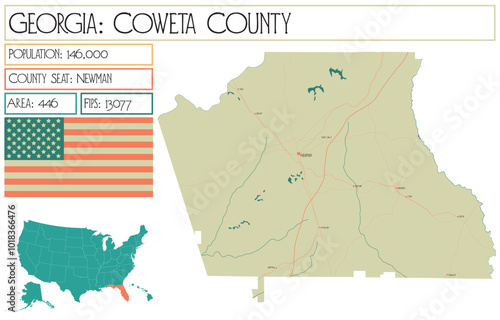Large and detailed map of Coweta County in Georgia USA.