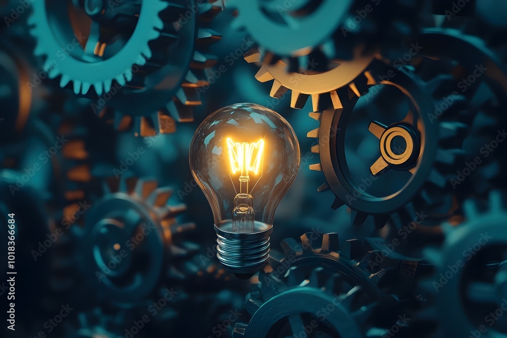 Surreal Light Bulb Glowing Among Gears Surreal Light Bulb Glowing Among Gears