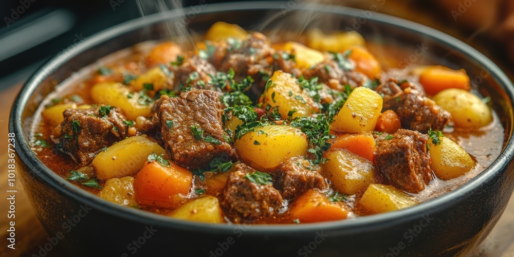 Steaming Bowl of Hearty Beef Stew with Potatoes, Carrots, and Parsley Steaming Bowl of Hearty Beef Stew with Potatoes, Carrots, and Parsley