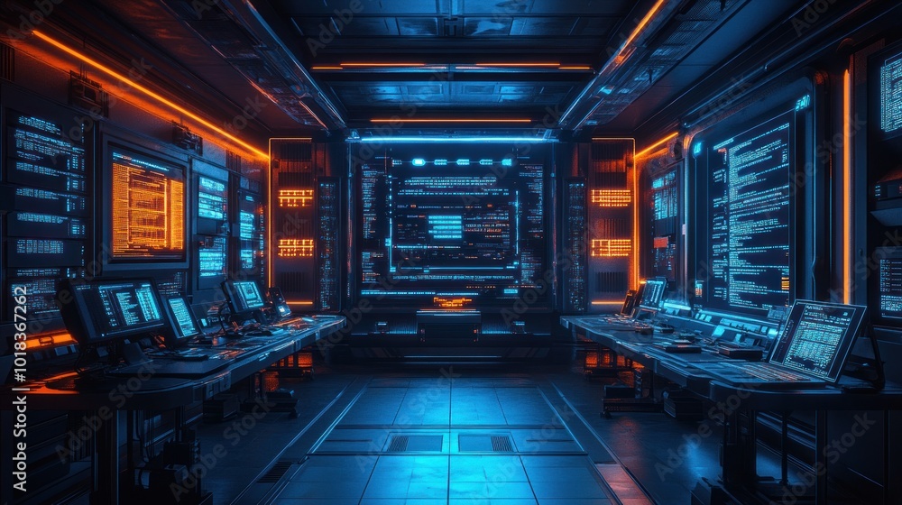 Futuristic server room with glowing monitors displaying code and data. Futuristic server room with glowing monitors displaying code and data.