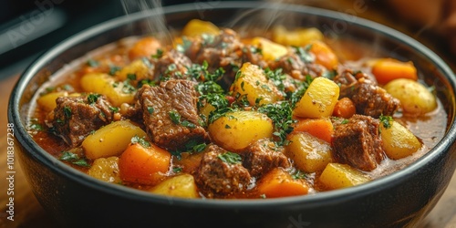 Steaming Bowl of Hearty Beef Stew with Potatoes, Carrots, and Parsley